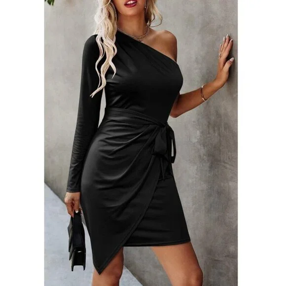 PRETTYGARDEN Women's L Sexy One Shoulder Long Sleeve Black Mini Bodycon NWT - Picture 3 of 5